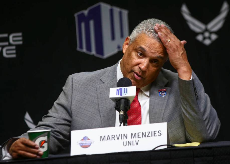 UNLV Rebels head coach Marvin Menzies speaks after his team's loss to San Diego State in the Mo ...