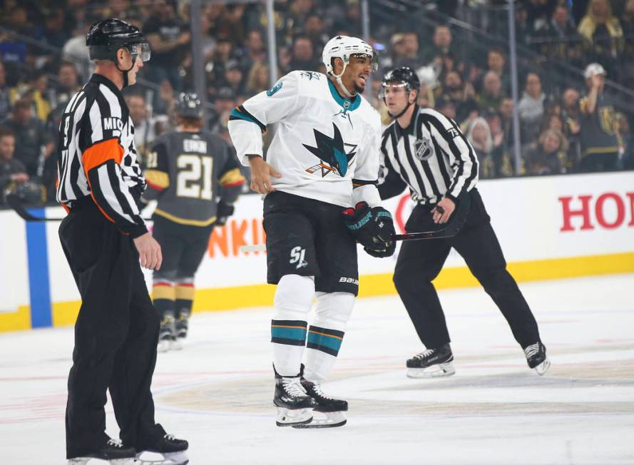 San Jose Sharks left wing Evander Kane (9) gets sent to the penalty box during the first period ...