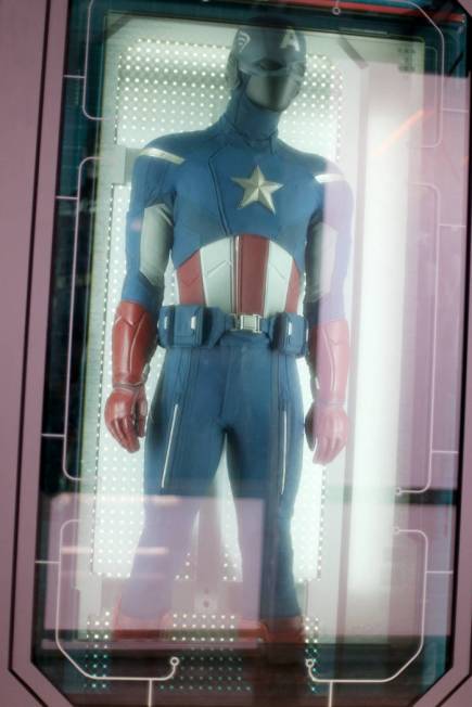 The original Captain America costume from the 2012 Avengers film at the Avengers S.T.A.T.I.O.N ...