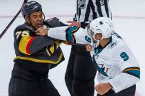 Golden Knights right wing Ryan Reaves (75) fights with San Jose Sharks left wing Evander Kane ( ...