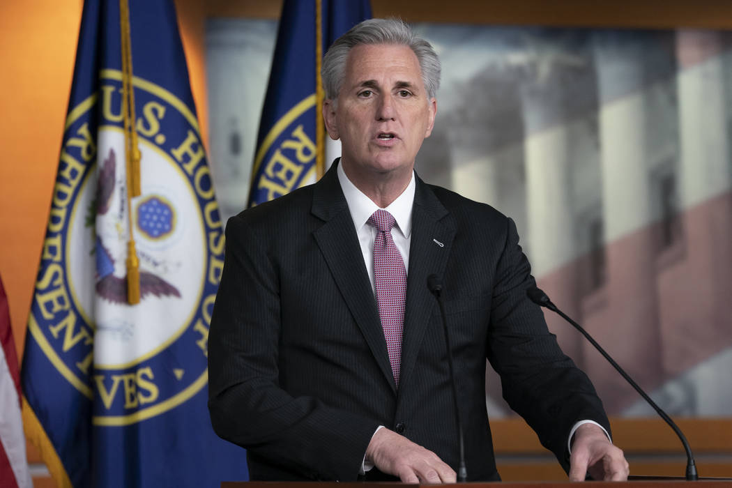 House Minority Leader Kevin, McCarthy, R-Calif., speaks to reporters at a news conference on Ca ...