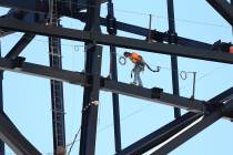 A truss is installed at the Las Vegas Raiders Stadium construction site in Las Vegas, Wednesday ...