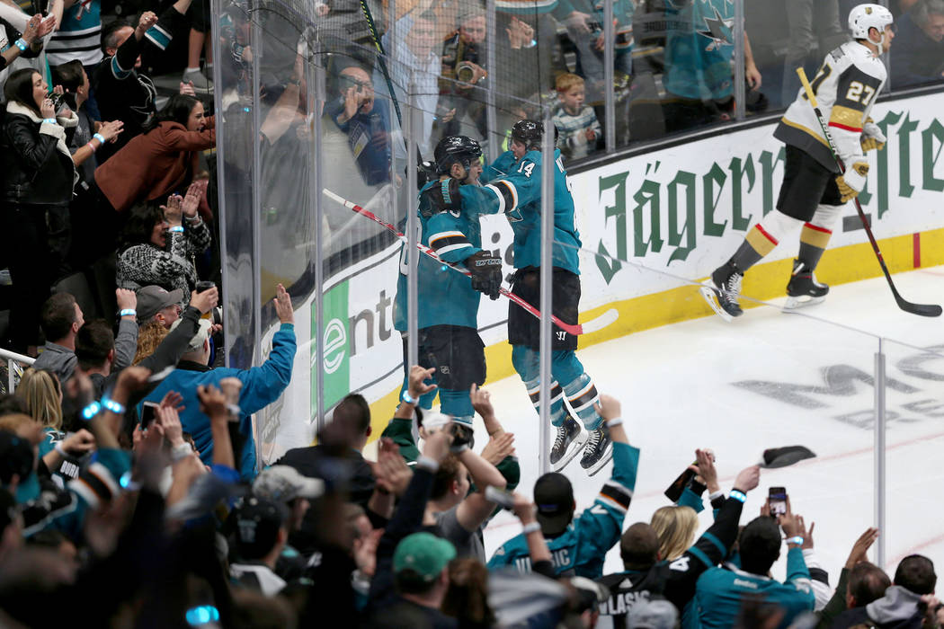 San Jose Sharks center Tomas Hertl (48) celebrates a score with center Gustav Nyquist (14) duri ...