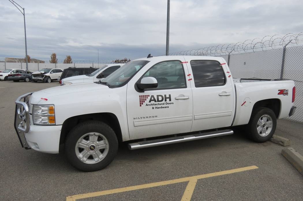 A 2012 white Chevrolet truck, matching the description of Green’s work truck during the time, ...