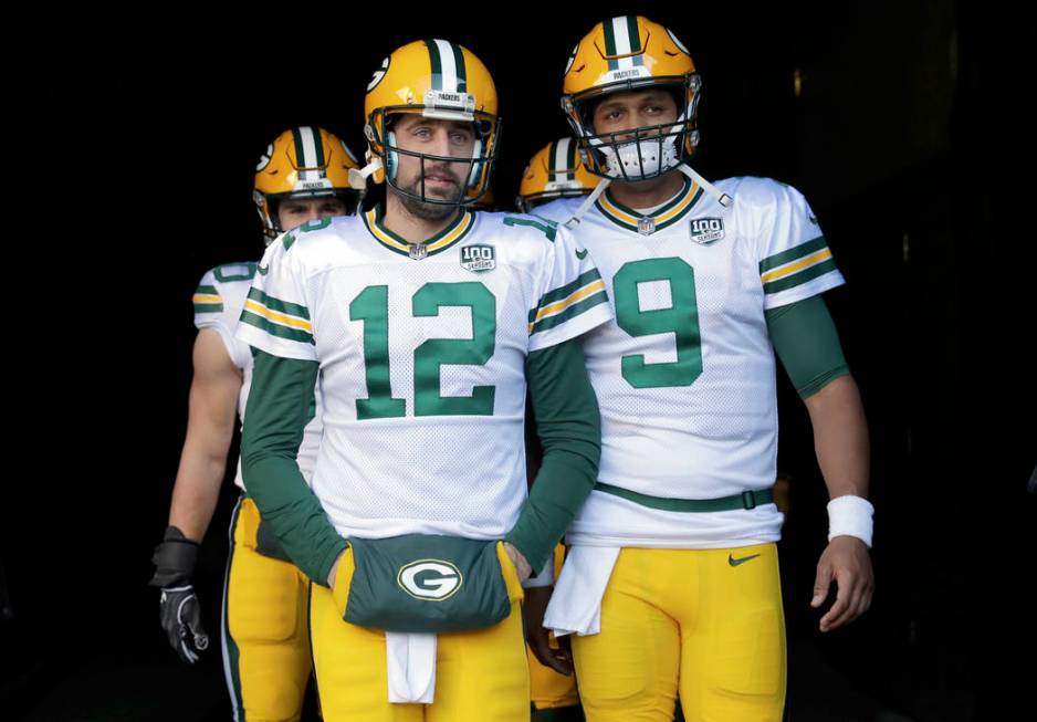 FILE - In this Sunday, Dec. 16, 2018, file photo, Green Bay Packers quarterbacks Aaron Rodgers ...