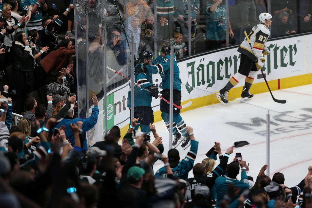 San Jose Sharks center Tomas Hertl (48) celebrates a score with center Gustav Nyquist (14) duri ...