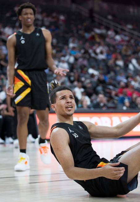 Cole Anthony (50) argues a call in the second half during the Jordan Brand Classic All-American ...