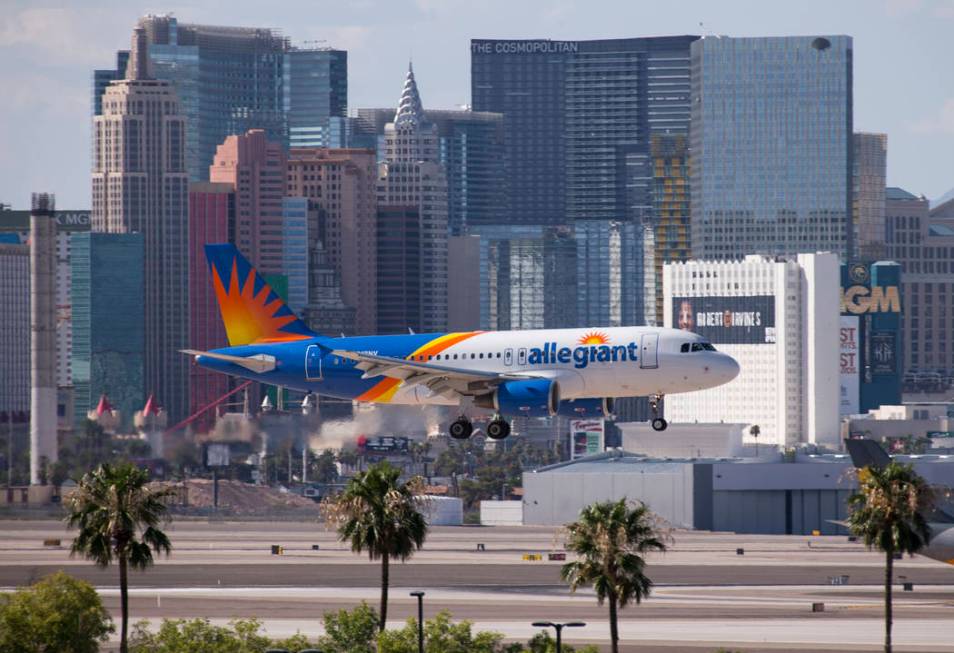 An Allegiant Air flight prepares to land at McCarran International Airport in Las Vegas on Mond ...