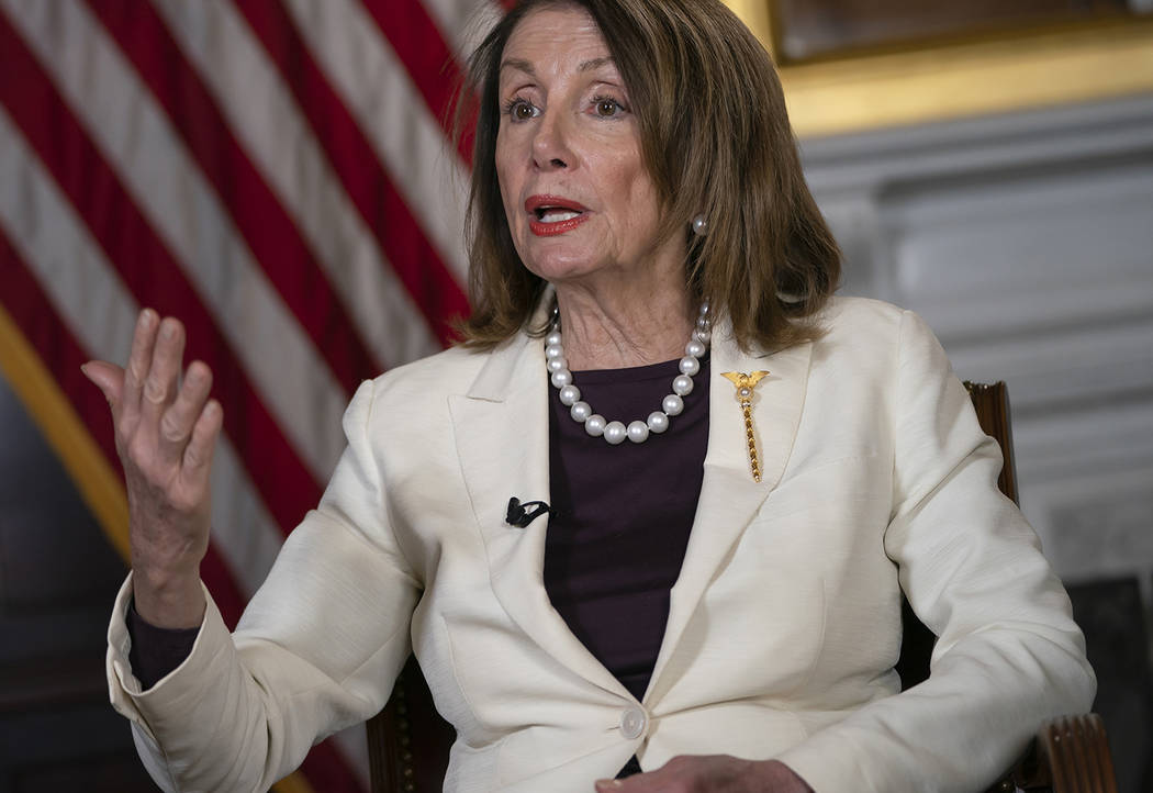 Speaker of the House Nancy Pelosi, D-Calif., speaks during an interview with The Associated Pre ...