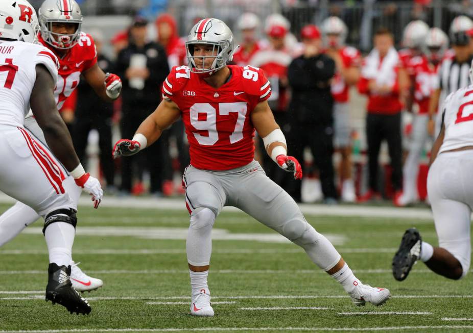 Ohio State defensive lineman Nick Bosa plays against Rutgers during an NCAA college football ga ...