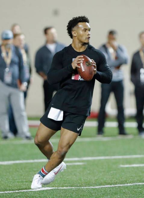 Oklahoma quarterback Kyler Murray goes through passing drills at the university's Pro Day for N ...