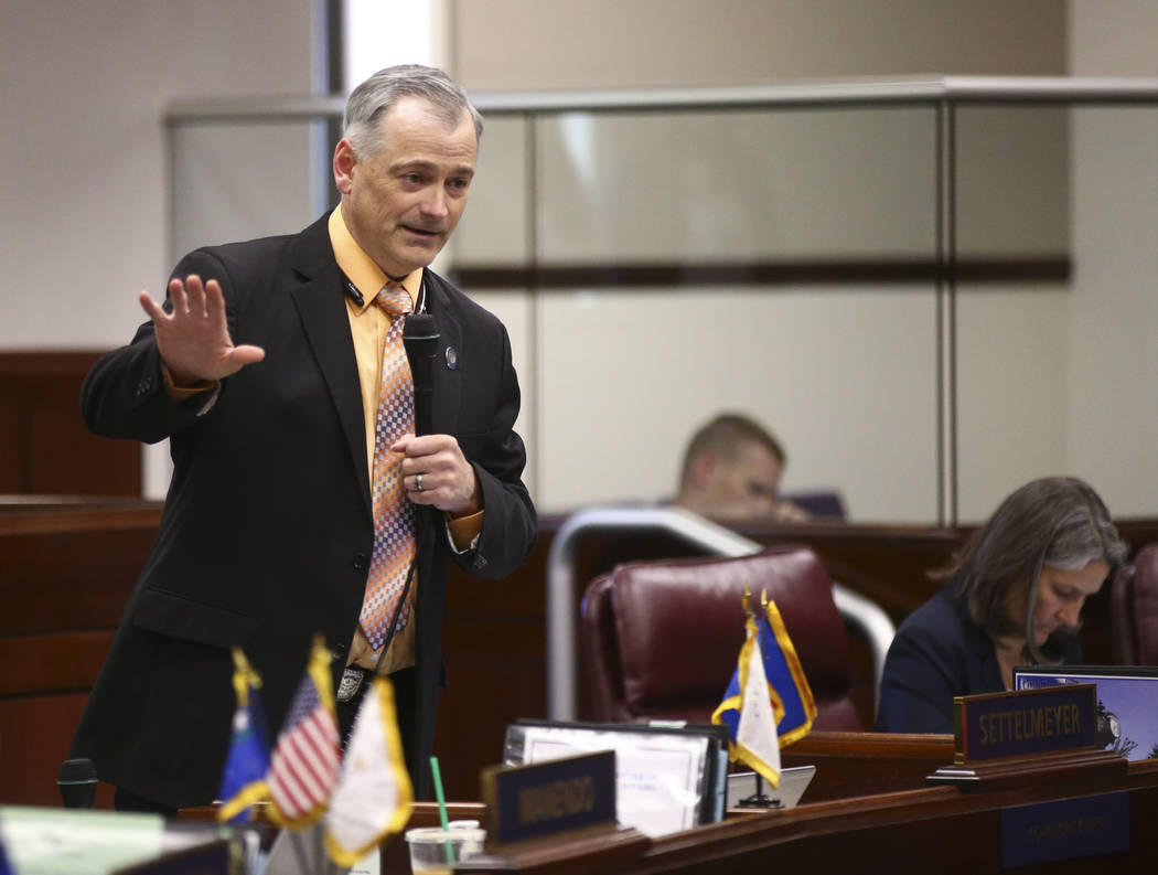 Sen. James Settlemeyer, R-Minden, during the second to last day of the Nevada Legislature at th ...