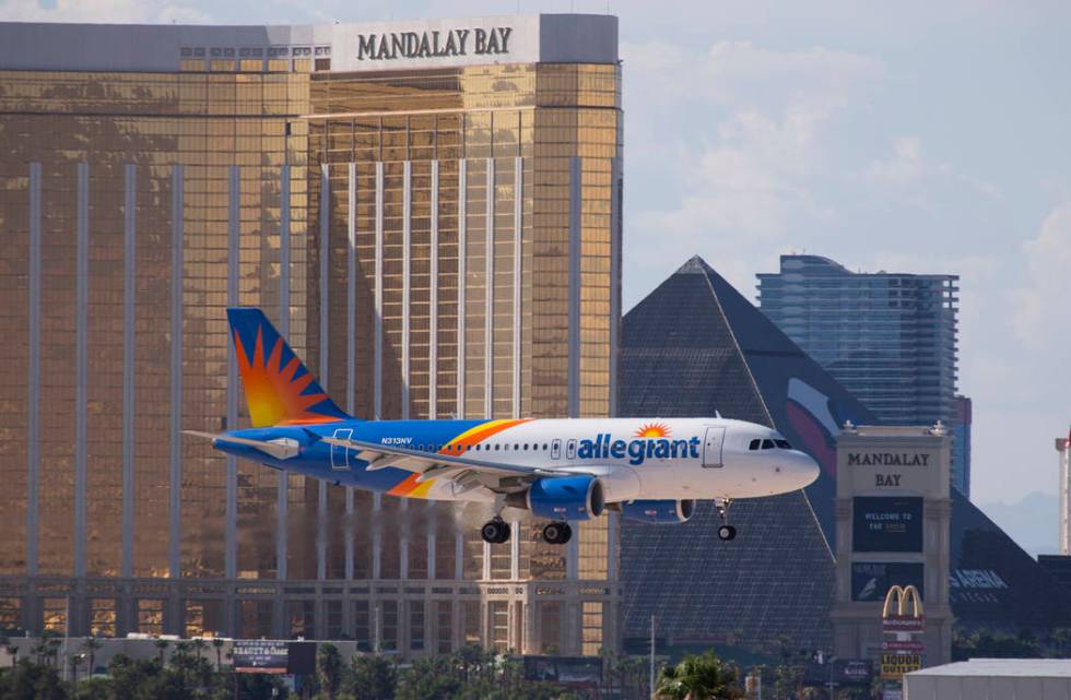 An Allegiant Air flight prepares to land at McCarran International Airport in Las Vegas on Mond ...