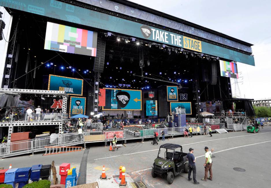 Work continues on the NFL Draft stage Tuesday, April 23, 2019, in Nashville, Tenn. The NFL Draf ...