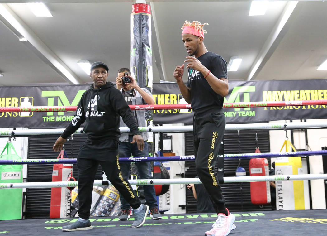 Former two-division world champion Rances Barthelemy works out as his trainer Joel Casamayor, l ...