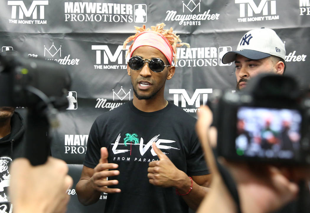 Former two-division world champion Rances Barthelemy addresses the media prior to a media worko ...