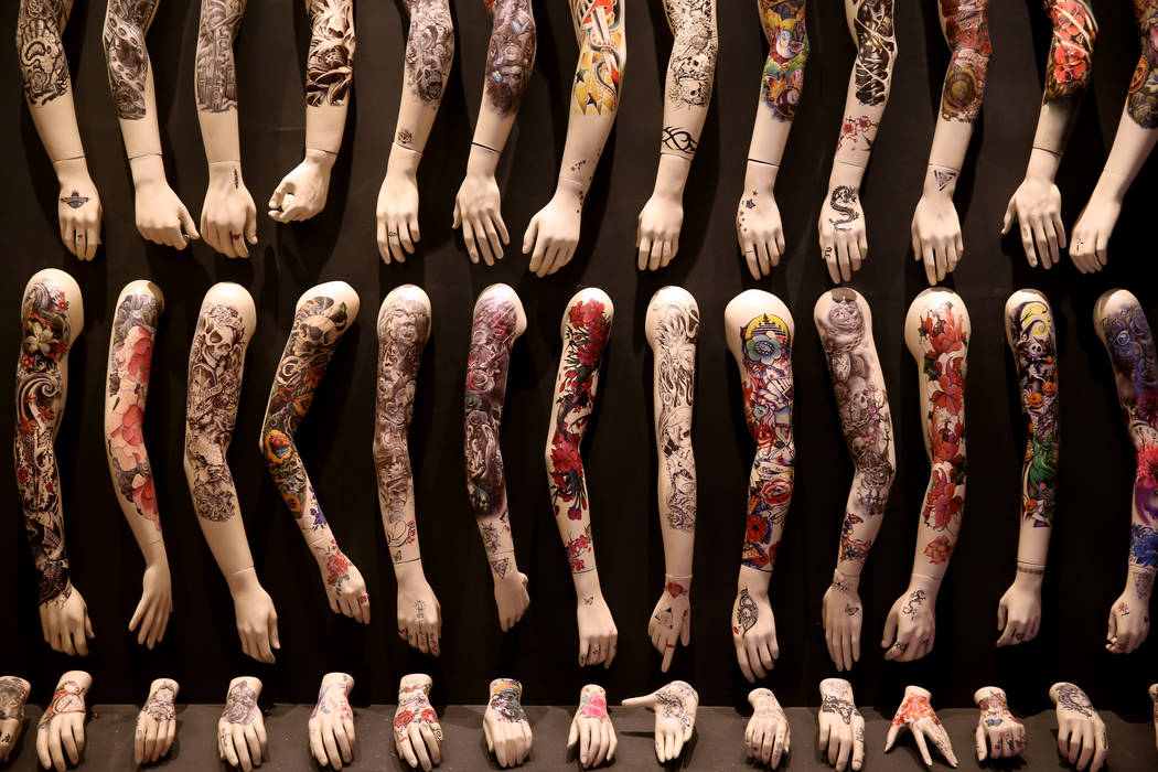 Tattoo samples at Tattoo'd America attraction inside Pop Vegas at the Linq Promenade, during a ...
