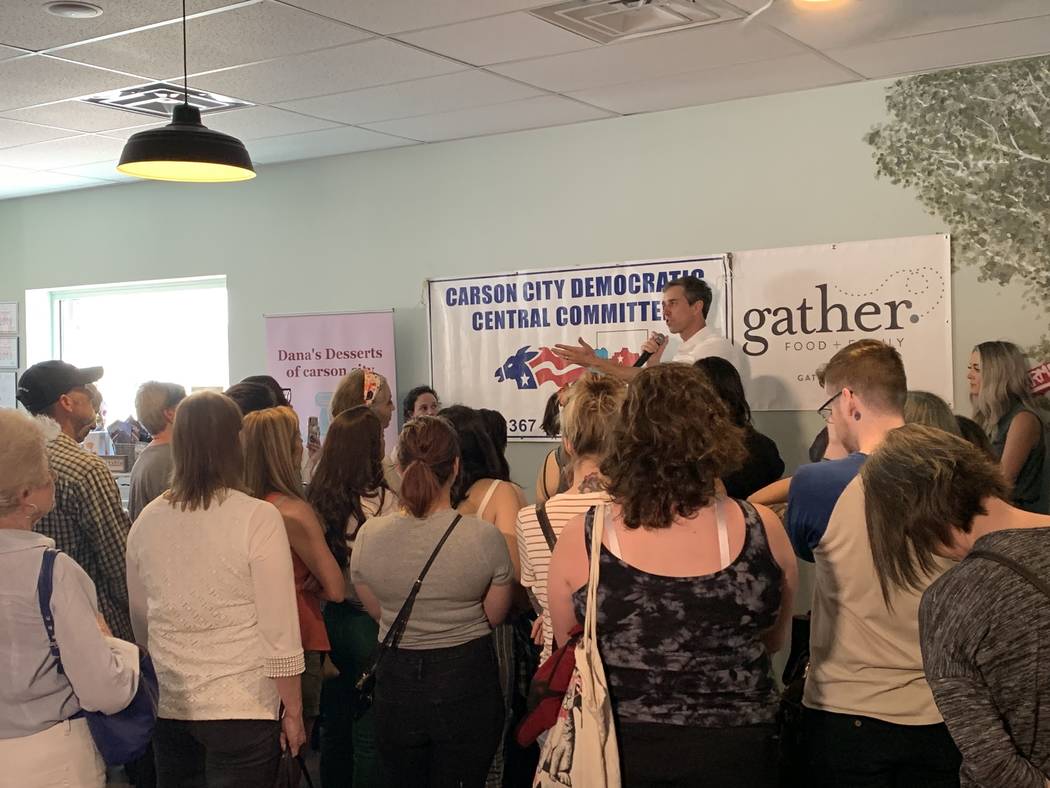 Democratic Presidential candidate Beto O'Rourke of Texas addresses some 200 supporters at Gathe ...