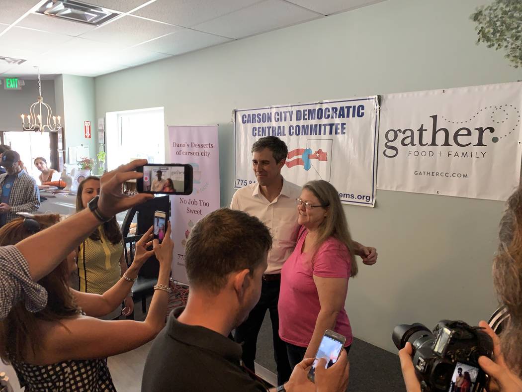 Democratic Presidential candidate Beto O'Rourke of Texas speaks to supporters at Gather restaur ...