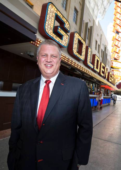 Golden Gate CEO Derek Stevens in front of his Fremont Street property following a ribbon-cuttin ...