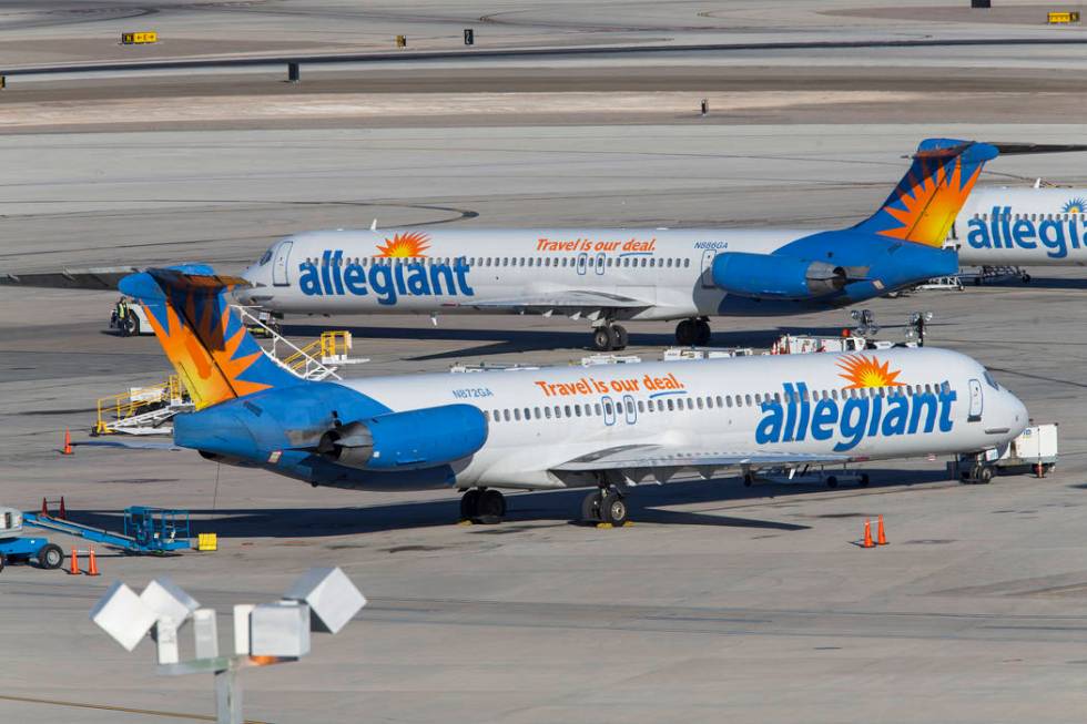 Allegiant Air passenger jets on the tarmac McCarran International Airport in Las Vegas, Sunday, ...