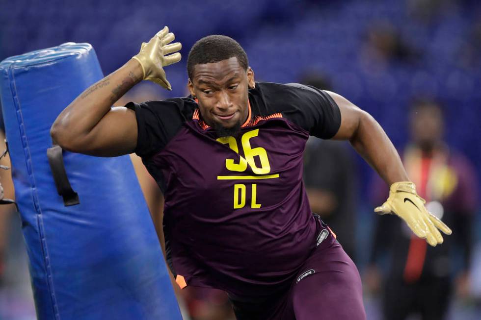 FILE - In this March 3, 2019, file photo, Clemson defensive lineman Clelin Ferrell runs a drill ...