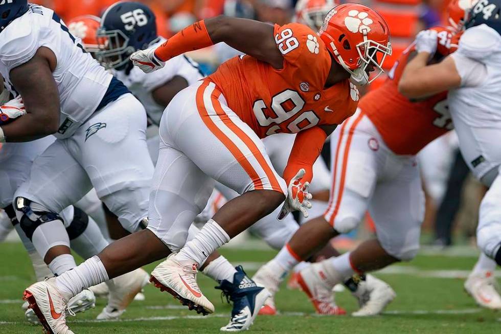 In this Sept. 15, 2018, file photo, Clemson's Clelin Ferrell (99) rushes into the backfield dur ...