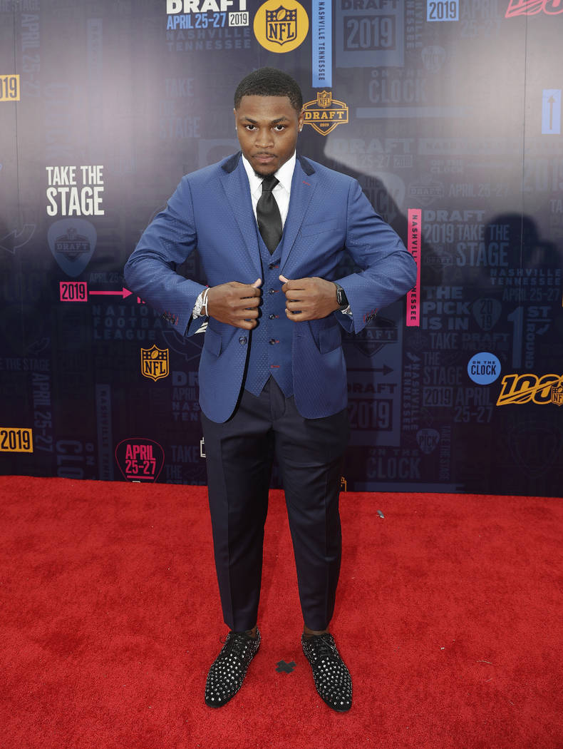 Alabama running back Josh Jacobs walks the red carpet ahead of the first round at the NFL footb ...