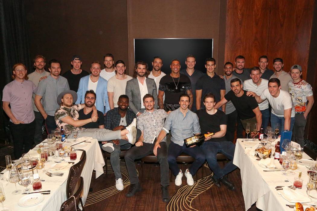 The Vegas Golden Knights celebrate the end of their season at Scotch 80 Prime at Palms on Thurs ...