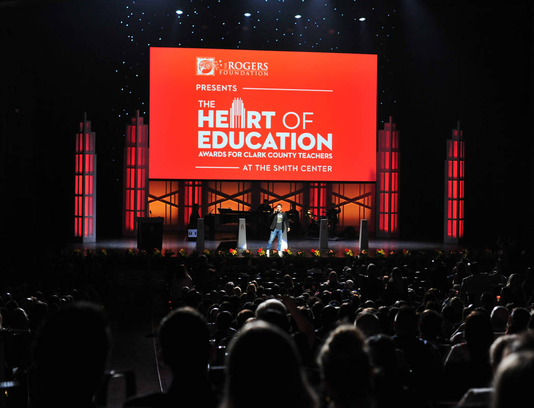 Voice of the Las Vegas Golden Knights Mark Shunock pumps up the audience during the Heart of Ed ...