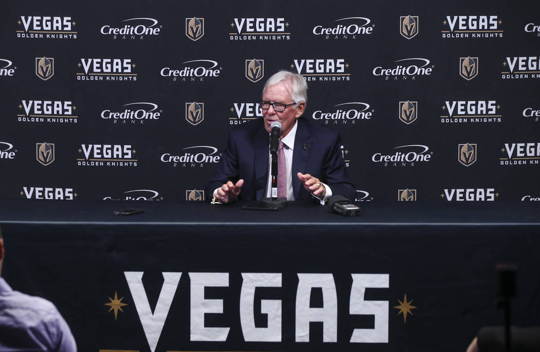Vegas Golden Knights owner Bill Foley speaks between periods as his team plays the Arizona Coyo ...
