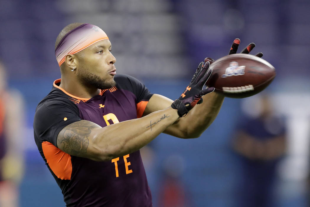 Notre Dame tight end Alize Mack runs a drill during the NFL football scouting combine, Saturday ...