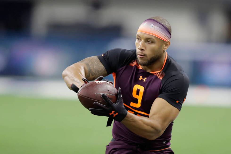 Notre Dame tight end Alize Mack runs a drill during the NFL football scouting combine, Saturday ...