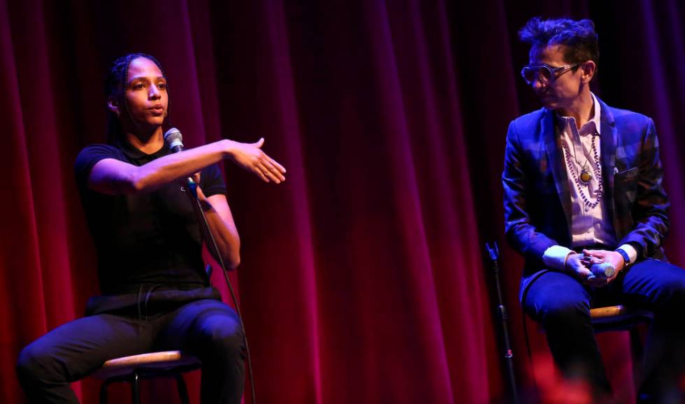 Janaya Khan, co-founder of Black Lives Matter Canada, left, speaks alongside Masha Gessen, staf ...