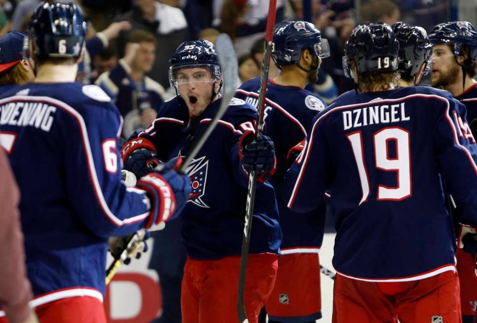 Columbus Blue Jackets' Matt Duchene celebrates the team's win over the Tampa Bay Lightning in G ...