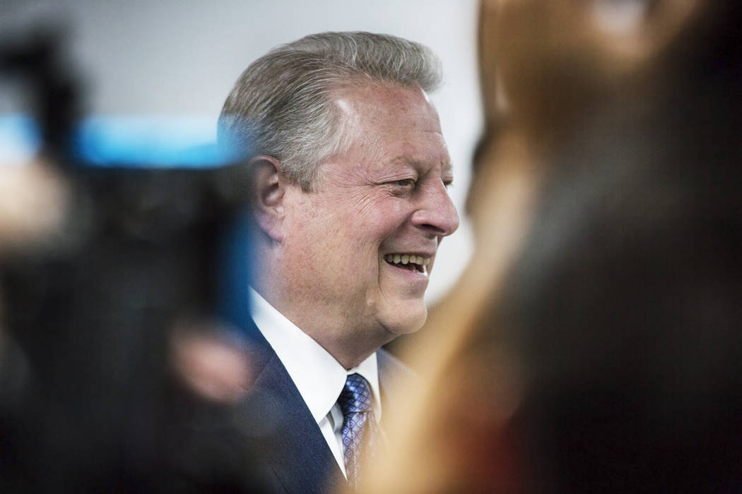 Former U.S. Vice President Al Gore addresses the media after meeting with UNLV's solar decathlo ...