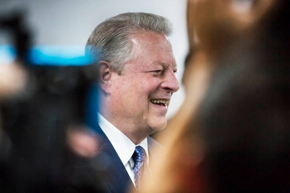 Former U.S. Vice President Al Gore addresses the media after meeting with UNLV's solar decathlo ...