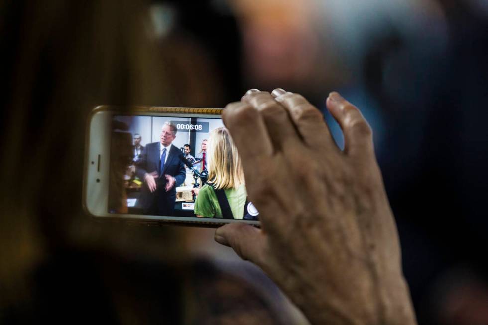 Former U.S. Vice President Al Gore, left, addresses the media after meeting with UNLV's solar d ...