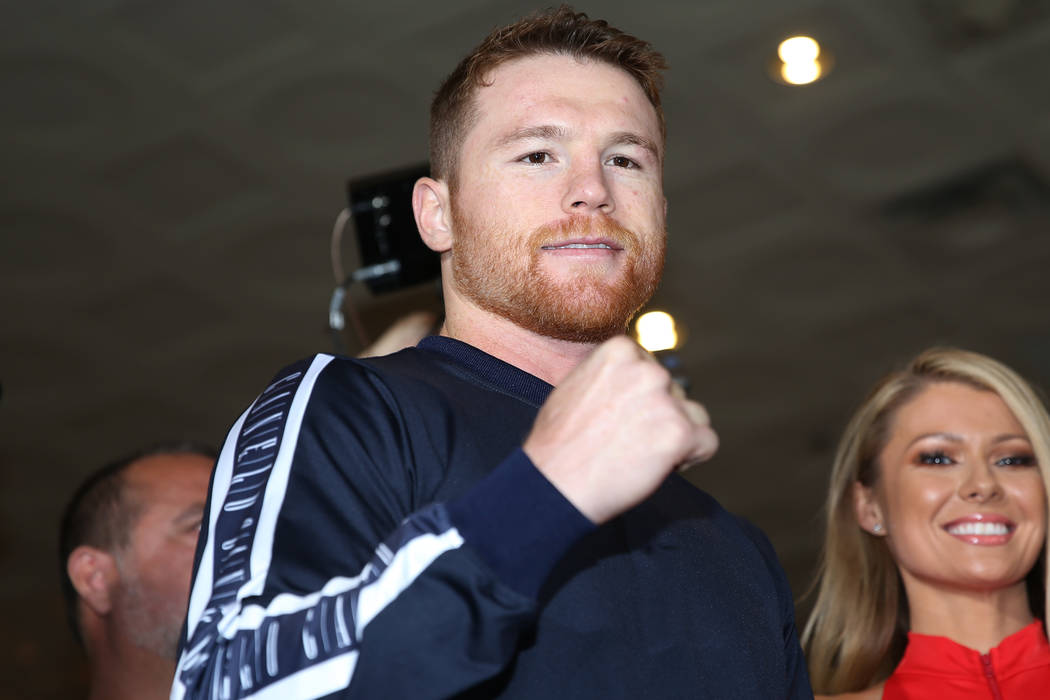 Saul "Canelo" Alvarez is photographed on stage during his grand arrival at MGM Grand ...