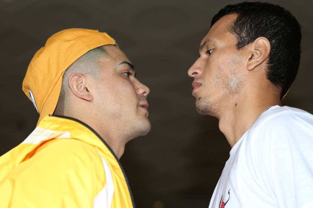 Joseph Diaz Jr., left, and Freddy Fonseca pose during their grand arrival at MGM Grand hotel-ca ...