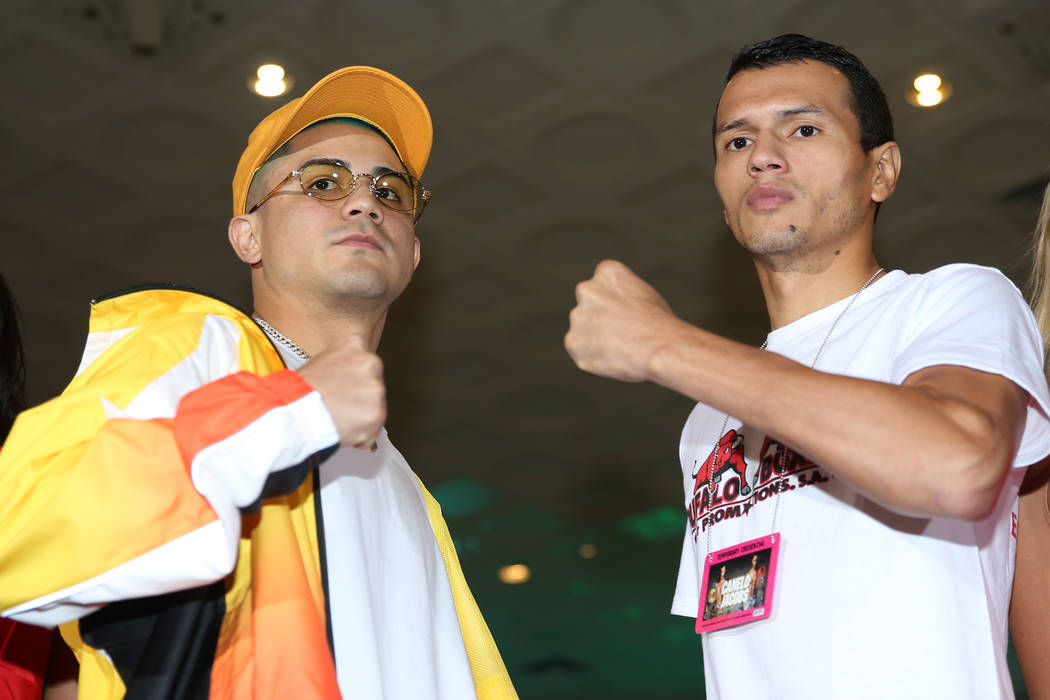 Joseph Diaz Jr., left, and Freddy Fonseca pose during their grand arrival at MGM Grand hotel-ca ...