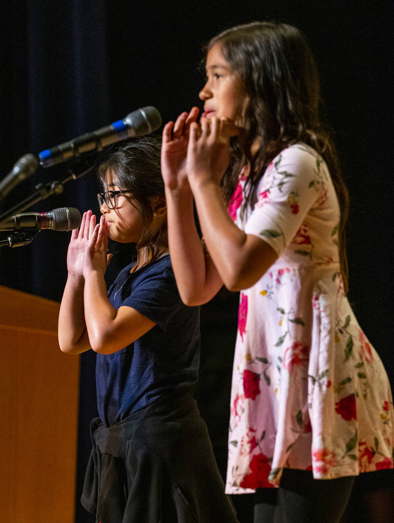 Tanaka Elementary School students Celine Pham and Vivyana Yepes perform "Tilly" durin ...