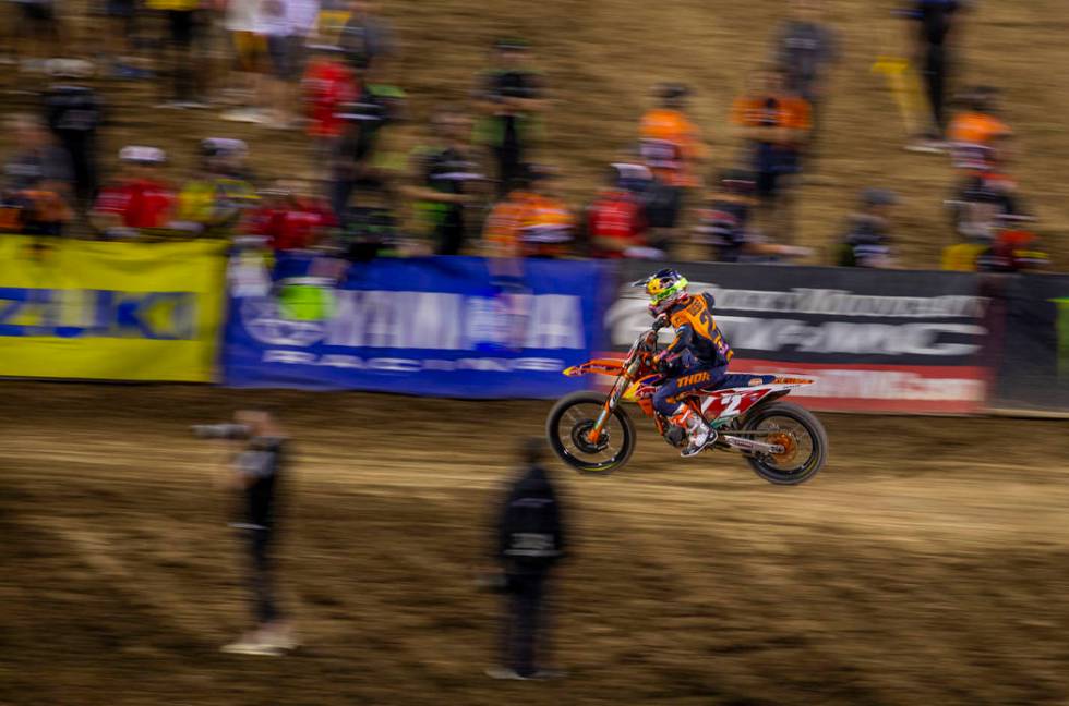 Red plate points leader Cooper Webb (2) leads the pack during the featured 450 SX class race at ...