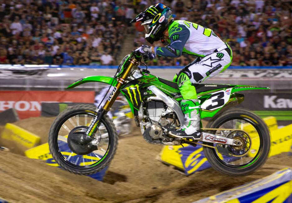 Eventual race winner Eli Tomac (3) navigates the track during the featured 450 SX class finals ...