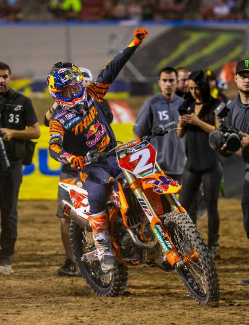 Red plate points leader Cooper Webb (2) celebrates his championship following the featured 450 ...