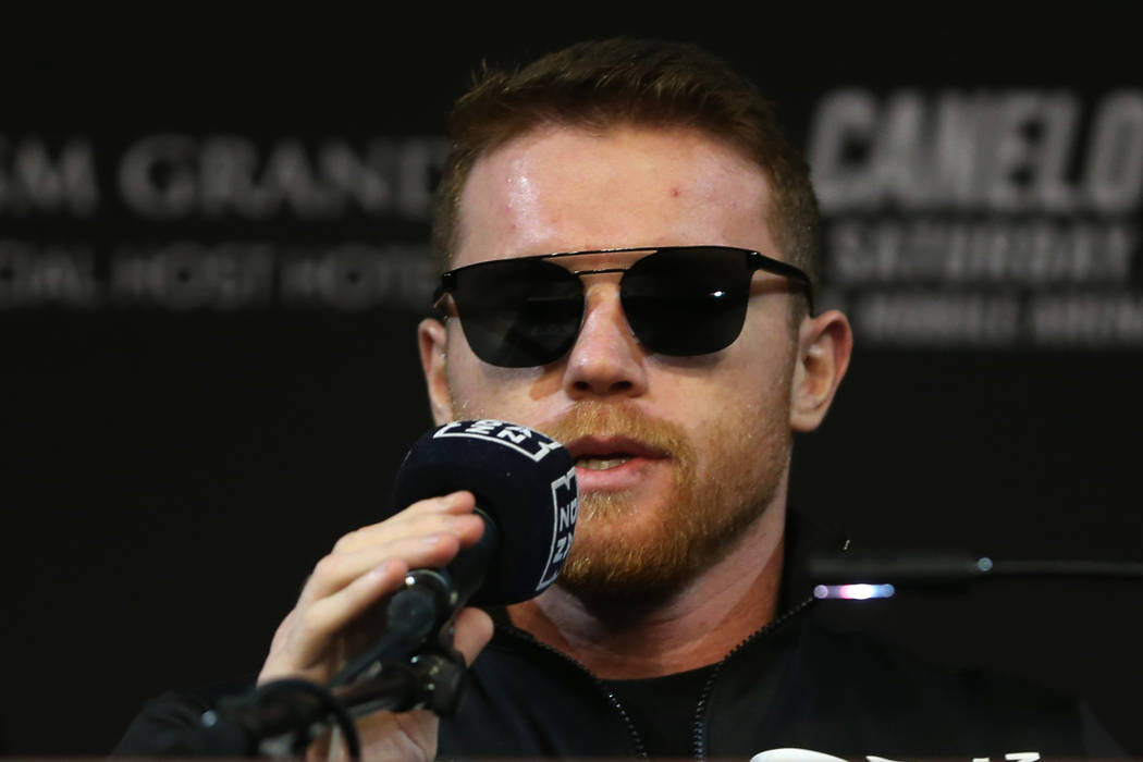 Saul "Canelo" Alvarez speaks during a press conference at the MGM Grand hotel-casino ...