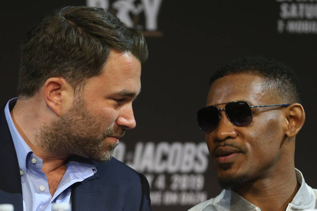 Boxing promoter Eddie Hearn, left, and boxer Daniel Jacobs, during a press conference at MGM Gr ...