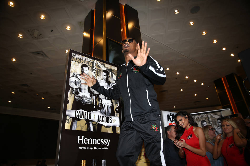 Daniel Jacobs makes his grand arrival at MGM Grand hotel-casino in Las Vegas, Tuesday, April 30 ...