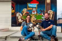 Jill Delozier with dog George and Adam Pennell with dog Molly own the Gamblers General Store wh ...