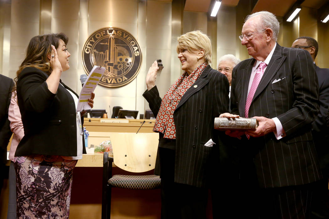 Las Vegas Mayor Carolyn Goodman is sworn in to her third and final term during a council meetin ...